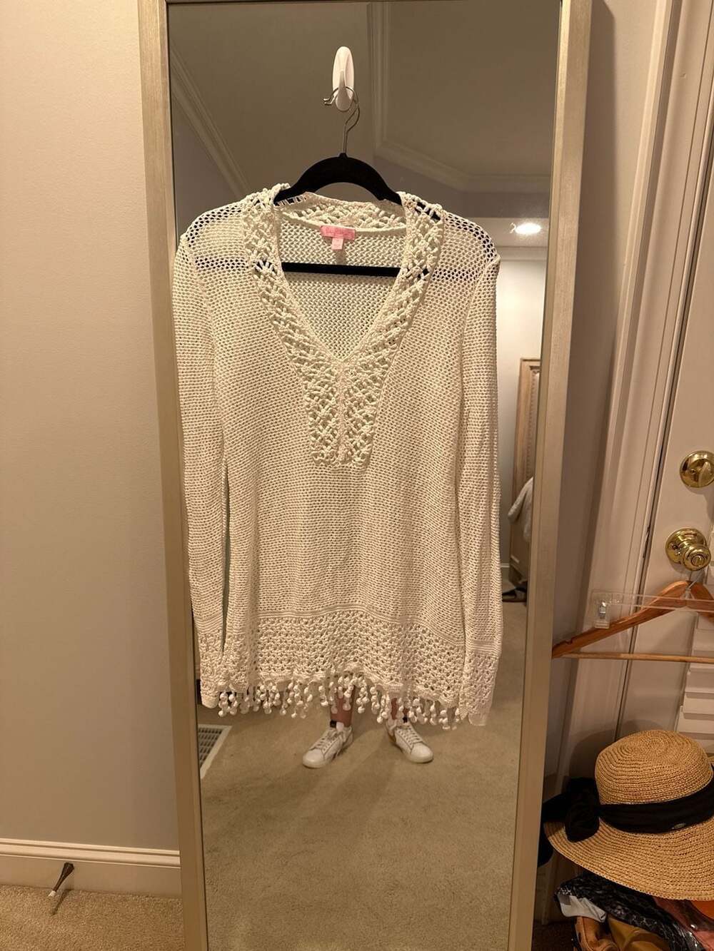 Lilly Pulitzer White Cotton Crochet V-Neck Pom Pom Tassel Tunic Sweater
